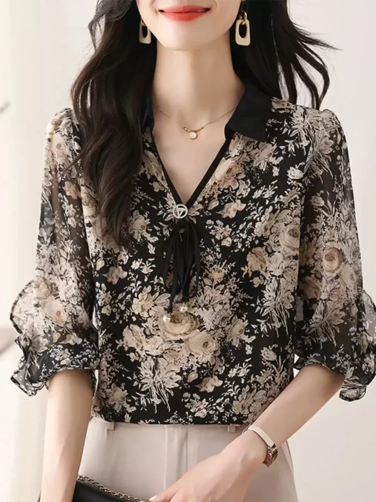 FADFAD Blouse lengan panjang motif cetak bunga bergaya elegan