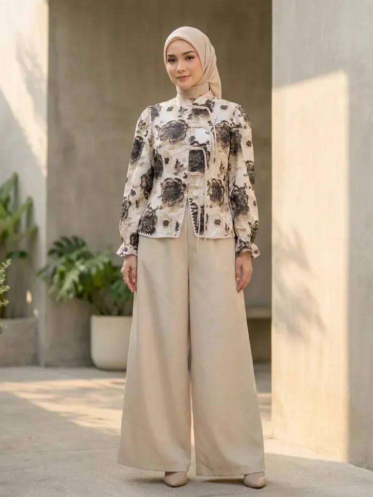 ASAYA Setelan wanita dengan lengan bell dan resleting buatan tangan bergaya minimalis warna solid