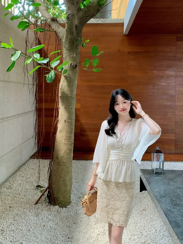 FADFAD Atasan blus kerah v lengan panjang pinggang ramping modis untuk wanita