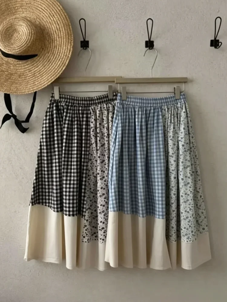 CHICMORE Rok midi a-line wanita kotak-kotak blok warna terbaru