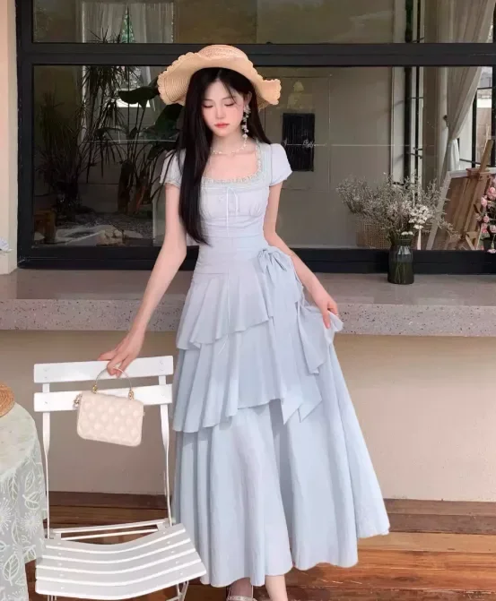 CHICMORE Gaun mode ruffle tampilan anggun kerah persegi lengan puff untuk wanita
