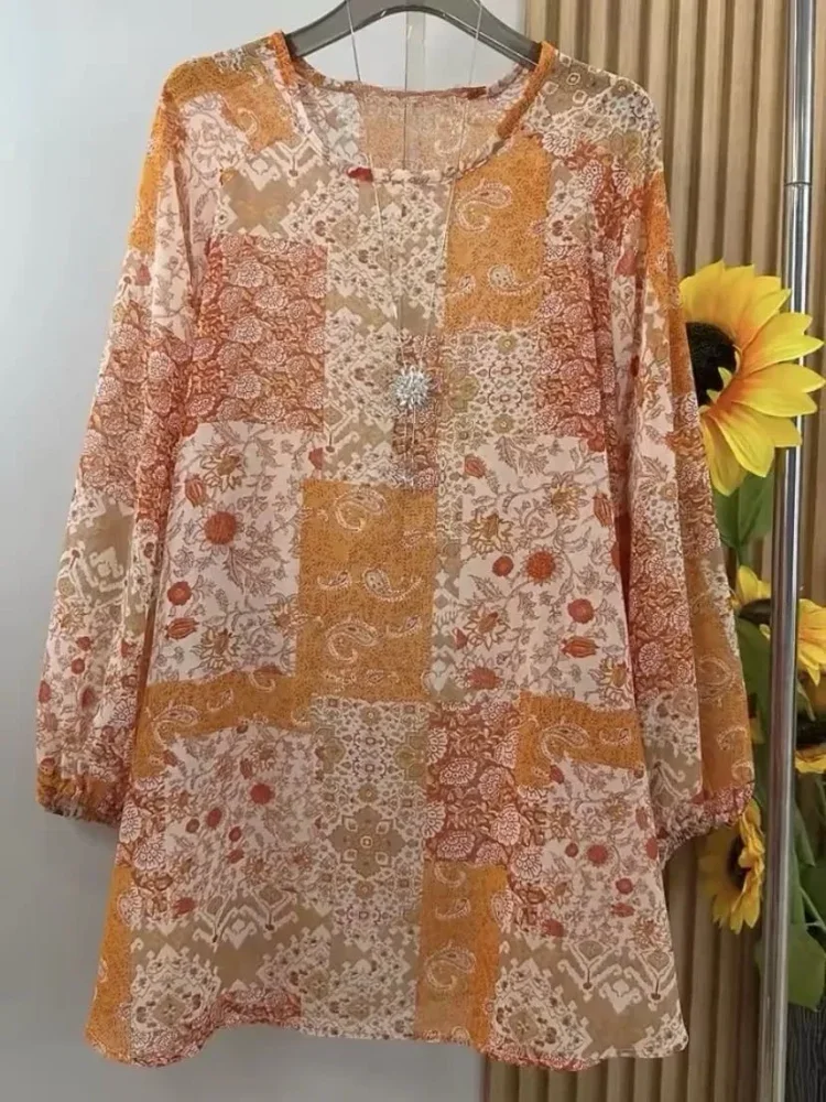 ASAYA Blouse retro lengan panjang model longgar motif cantik