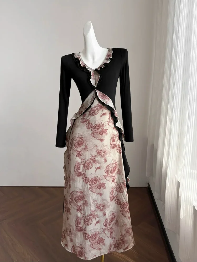 CHICMORE Gaun panjang motif floral dengan design mewah untuk wanita