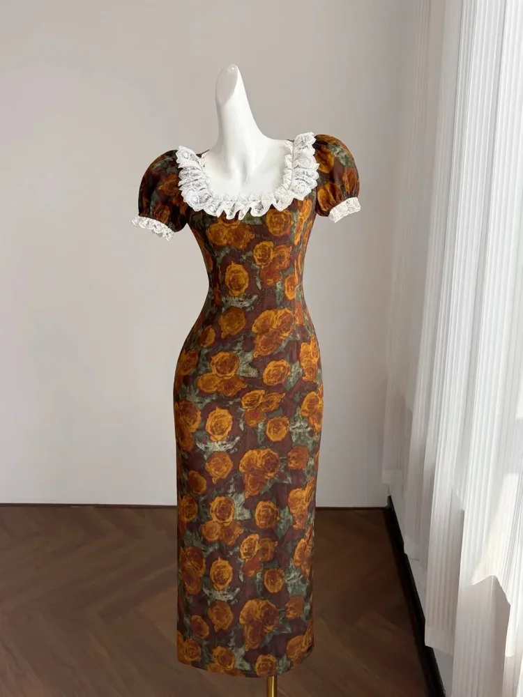 CHICMORE Gaun motif bunga cantik dengan kerah persegi berlengan pendek wanita elegant