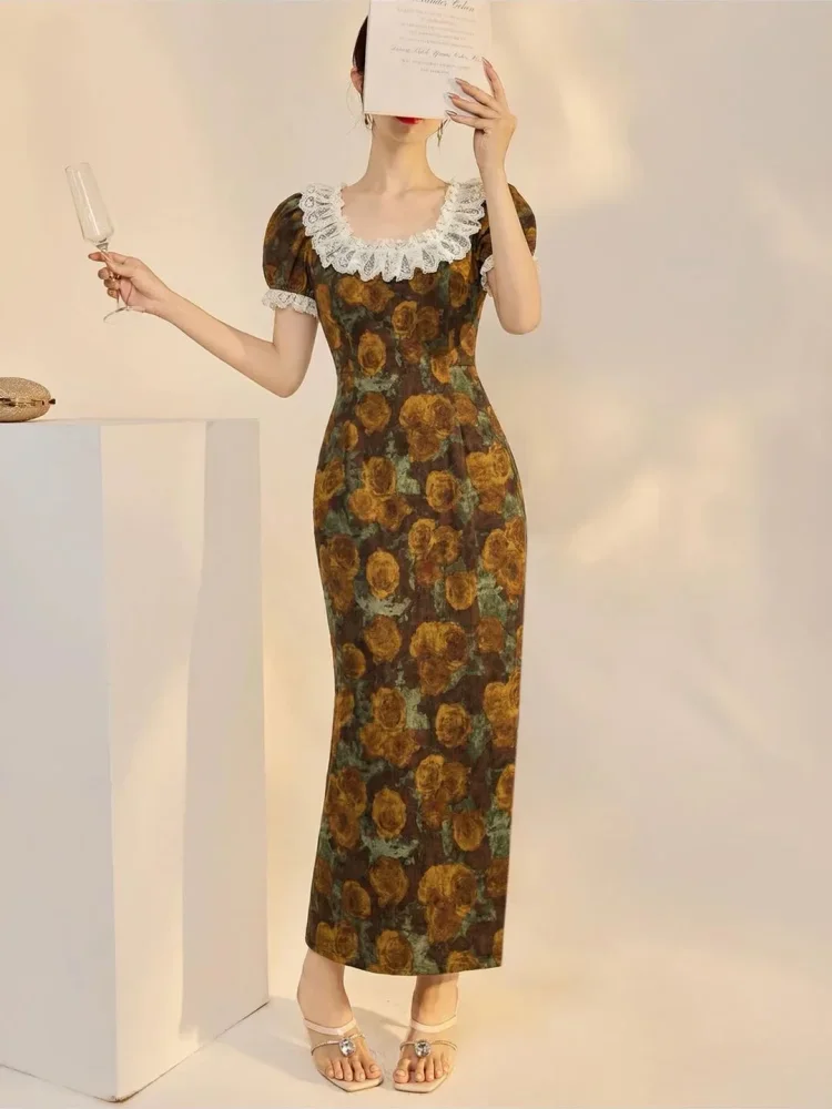 CHICMORE Gaun motif bunga cantik dengan kerah persegi berlengan pendek wanita elegant