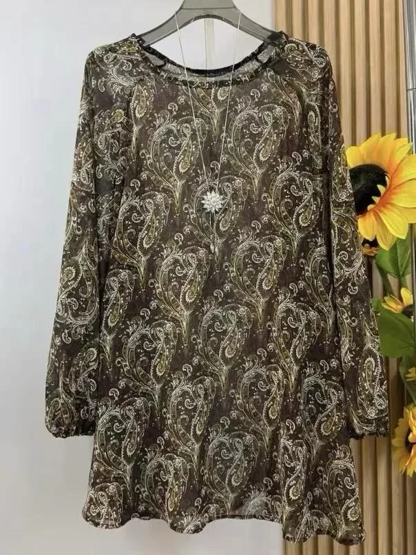 ASAYA Blouse retro lengan panjang model longgar motif cantik