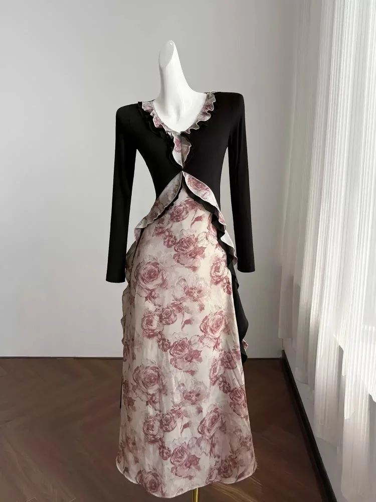 CHICMORE Gaun panjang motif floral dengan design mewah untuk wanita