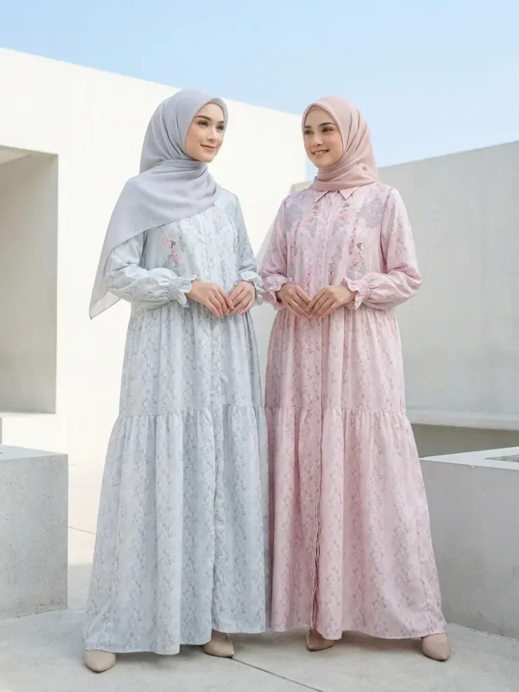 ASAYA Gamis kemeja motif bunga lembut lengan kombinasi - dress muslimah syar'i longgar nyaman untuk sehari-hari