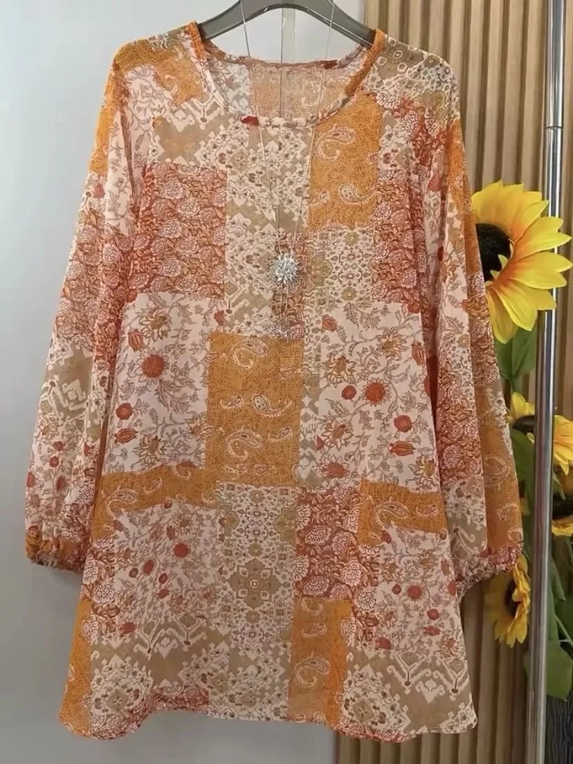 ASAYA Blouse retro lengan panjang model longgar motif cantik