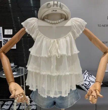 CHICMORE Blouse korean style lengan pendek kerah bulat gaya kekinian baru