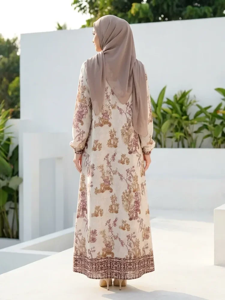 ASAYA Gaun panjang longgar kasual tipis bermotif dengan desain mode elegan