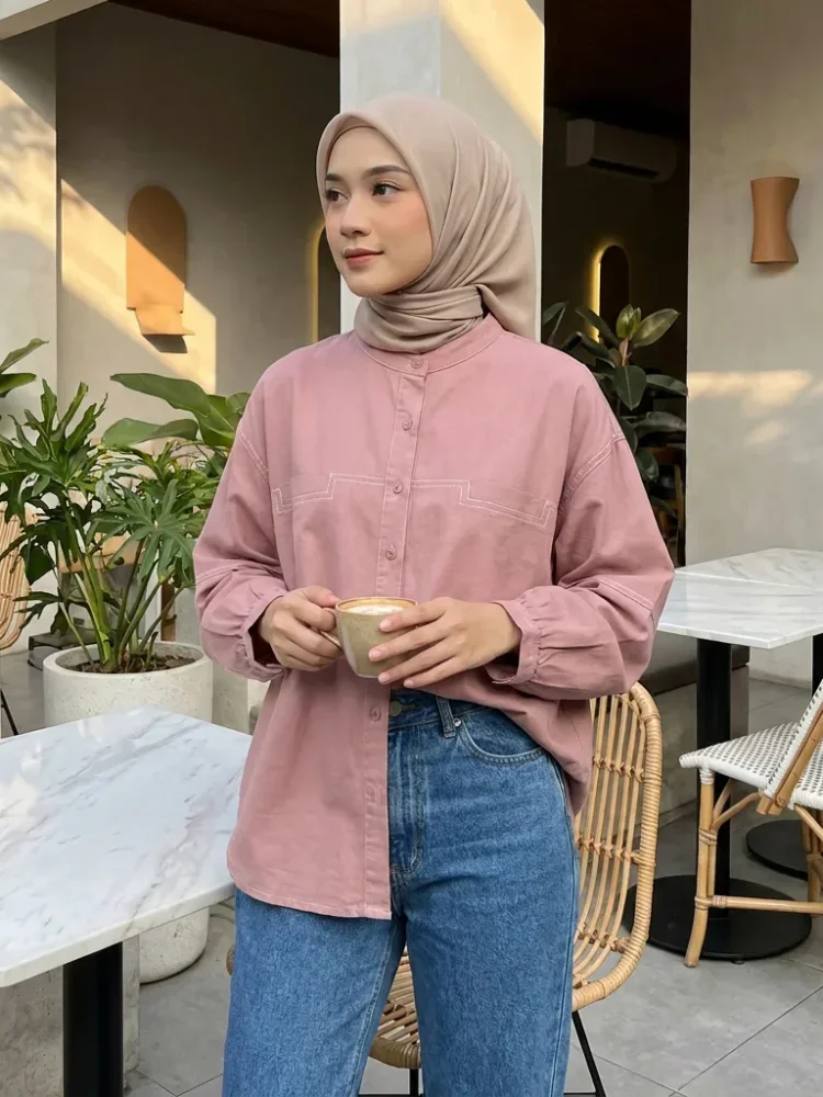 ASAYA Atasan kemeja kancing sebaris kerah bulat warna solid gaya kasual baru