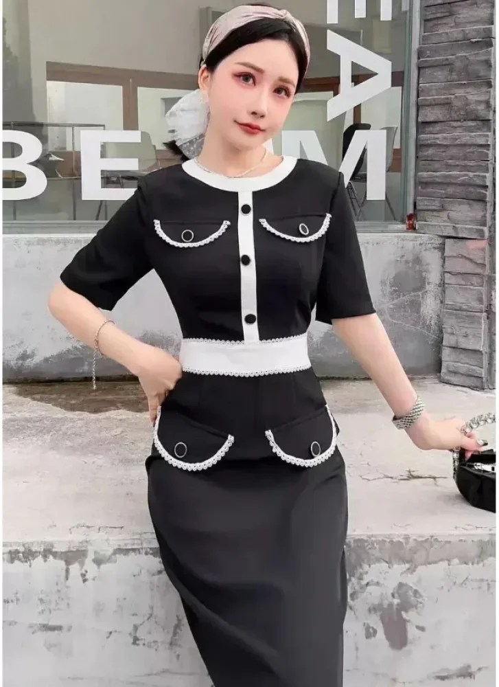 FADFAD Gaun model ramping dengan lengan pendek kerah bulat dan gaya baru