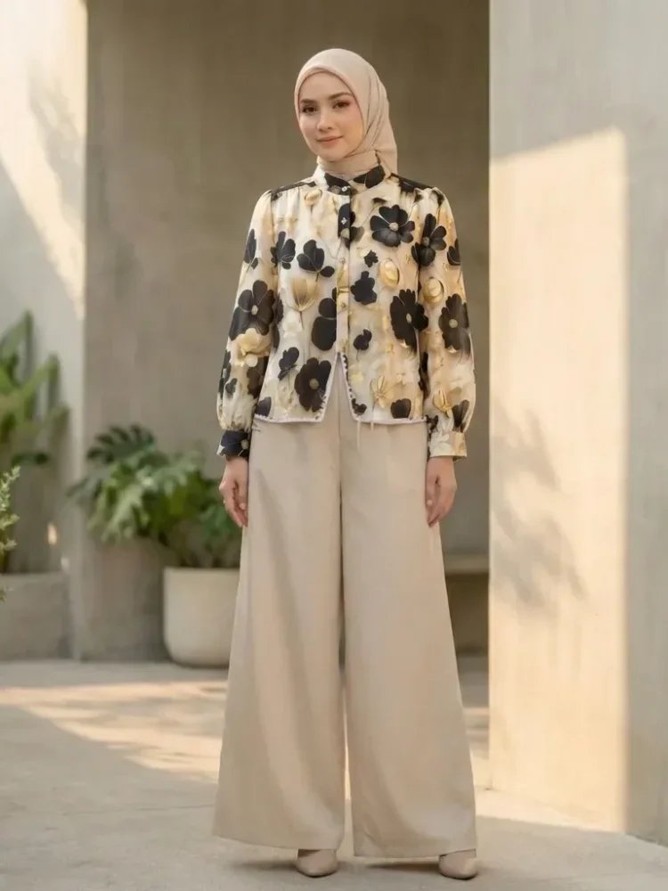 ASAYA Setelan wanita dengan lengan bell dan resleting buatan tangan bergaya minimalis warna solid