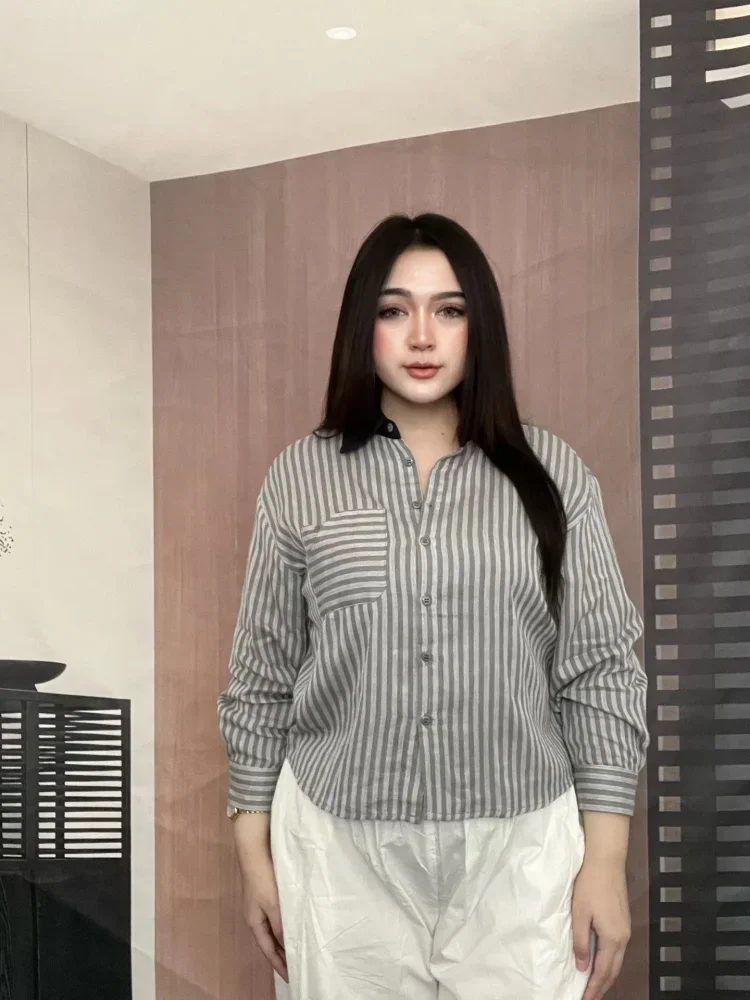 FADFAD Atasan kemeja garis garis lengan panjang gaya kasual dan kancing aktif
