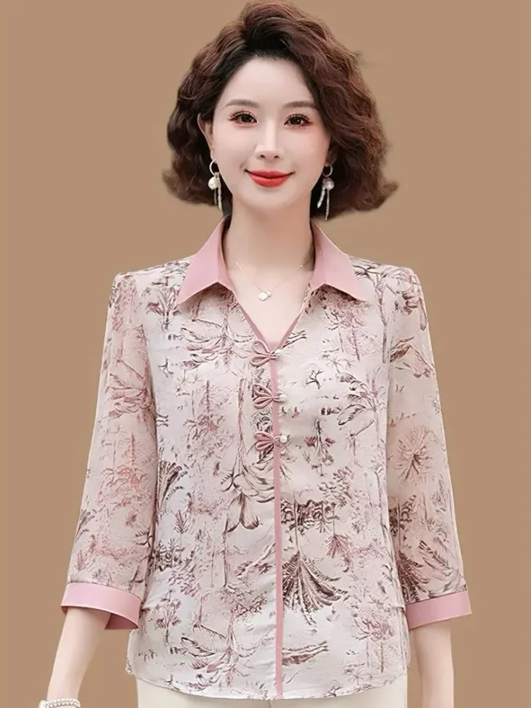 FADFAD Kemeja wanita retro lengan tiga perempat kerah v neck motif bunga