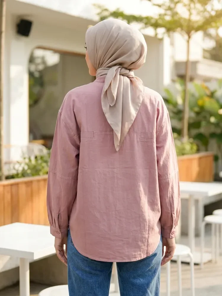 ASAYA Atasan kemeja kancing sebaris kerah bulat warna solid gaya kasual baru