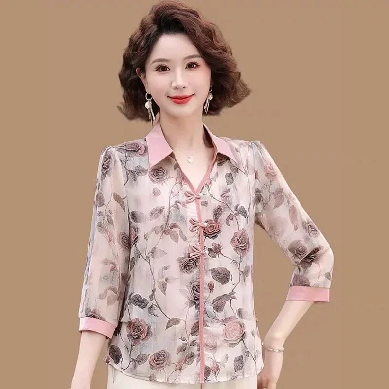 FADFAD Kemeja wanita retro lengan tiga perempat kerah v neck motif bunga