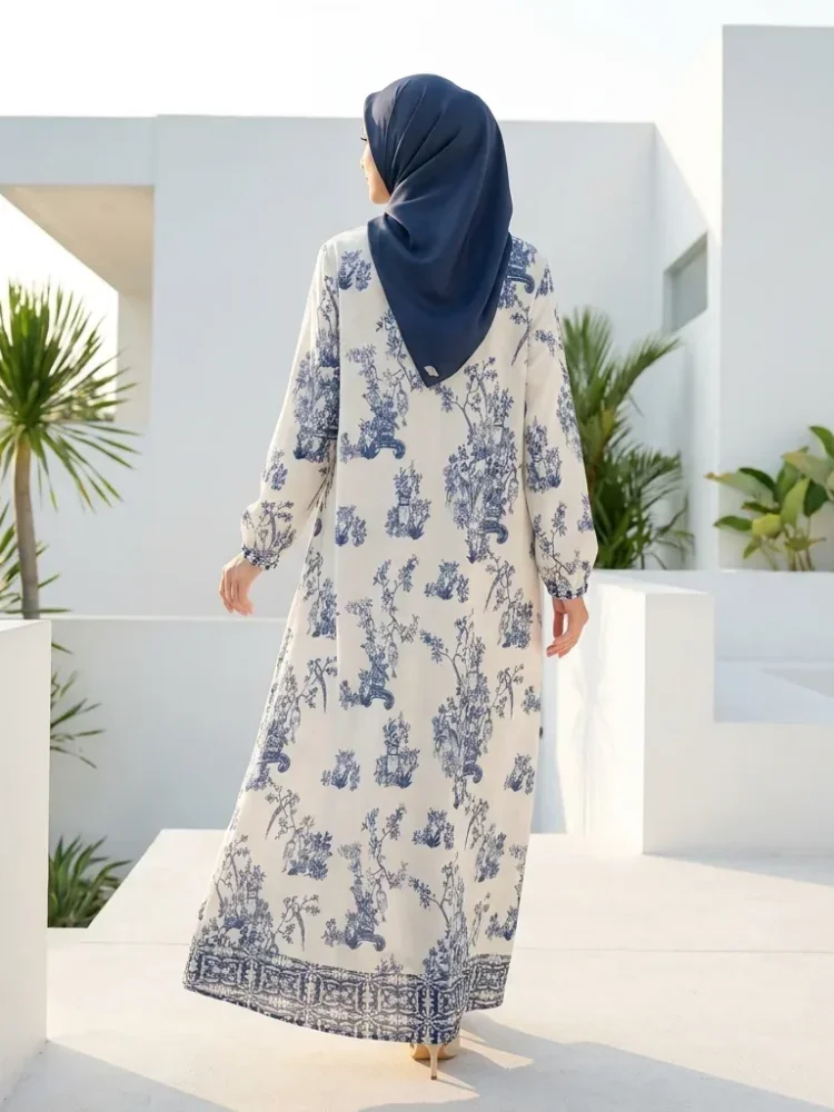 ASAYA Gaun panjang longgar kasual tipis bermotif dengan desain mode elegan