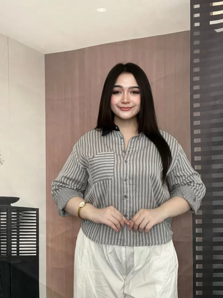 FADFAD Atasan kemeja garis garis lengan panjang gaya kasual dan kancing aktif