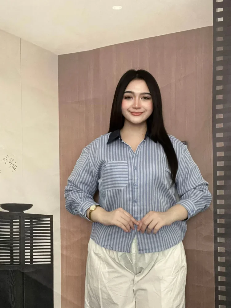 FADFAD Atasan kemeja garis garis lengan panjang gaya kasual dan kancing aktif