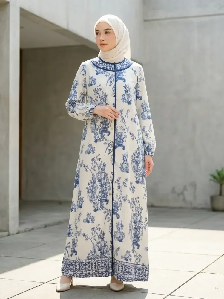 ASAYA Gaun panjang longgar kasual tipis bermotif dengan desain mode elegan