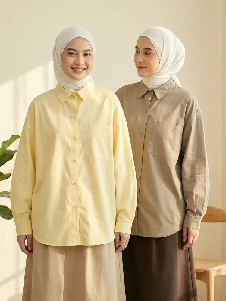 ASAYA Kemeja wanita longgar lengan panjang dengan kancing baris gaya casual