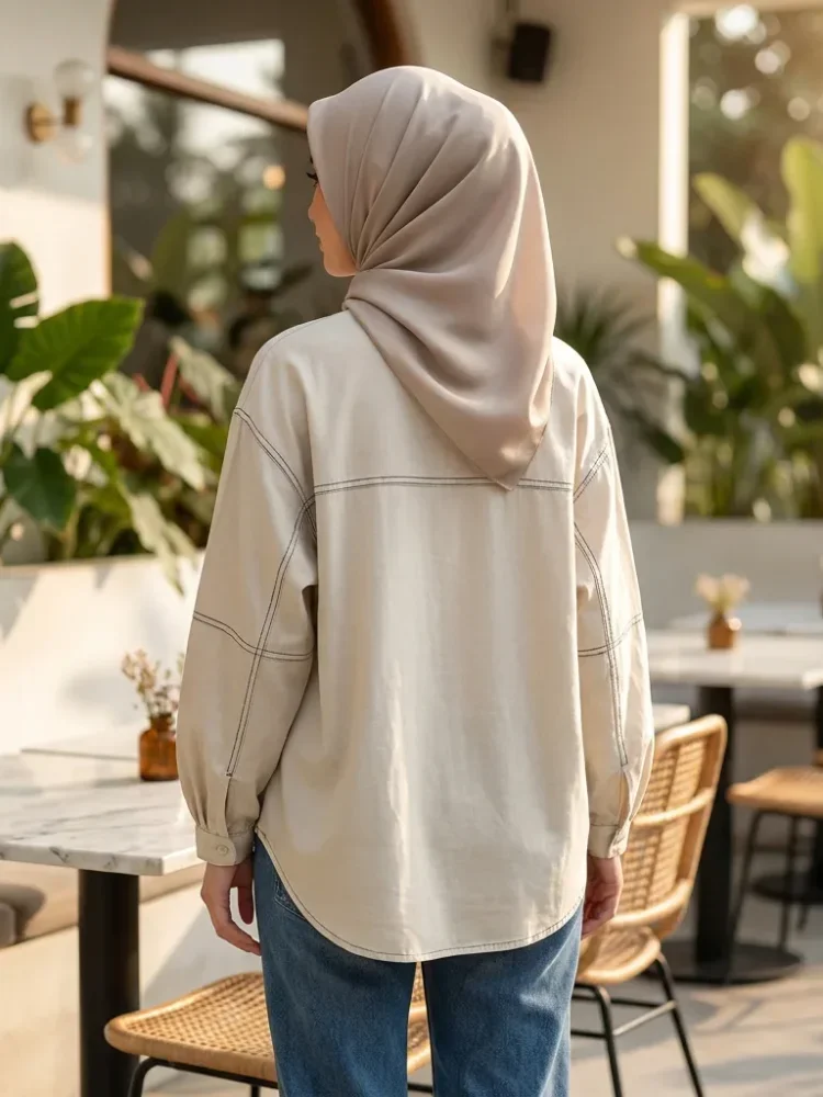 ASAYA Atasan kemeja kancing sebaris kerah bulat warna solid gaya kasual baru