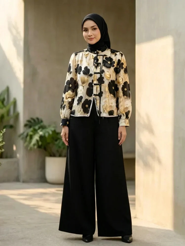 ASAYA Setelan wanita dengan lengan bell dan resleting buatan tangan bergaya minimalis warna solid