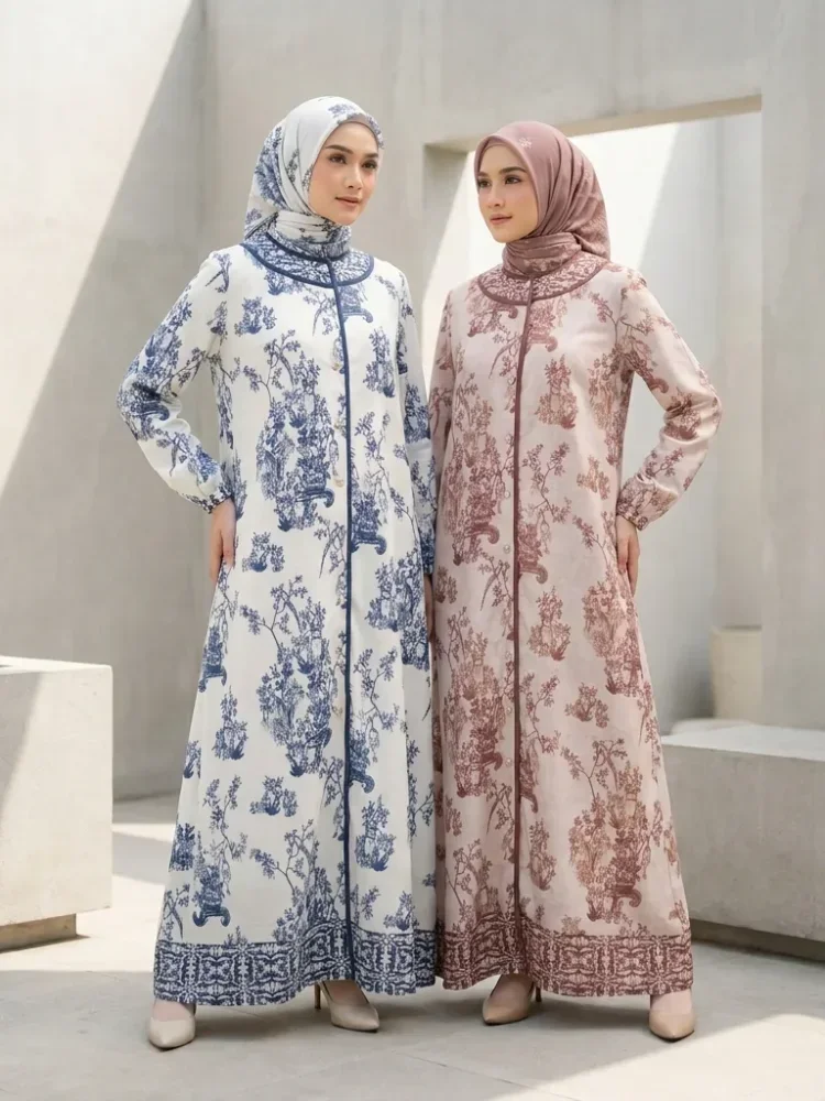 ASAYA Gaun panjang longgar kasual tipis bermotif dengan desain mode elegan