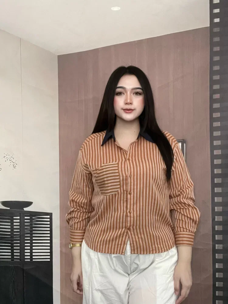 FADFAD Atasan kemeja garis garis lengan panjang gaya kasual dan kancing aktif