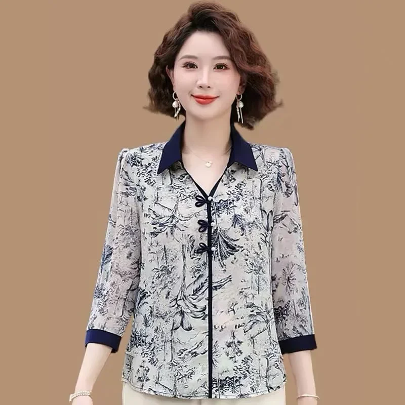 FADFAD Kemeja wanita retro lengan tiga perempat kerah v neck motif bunga