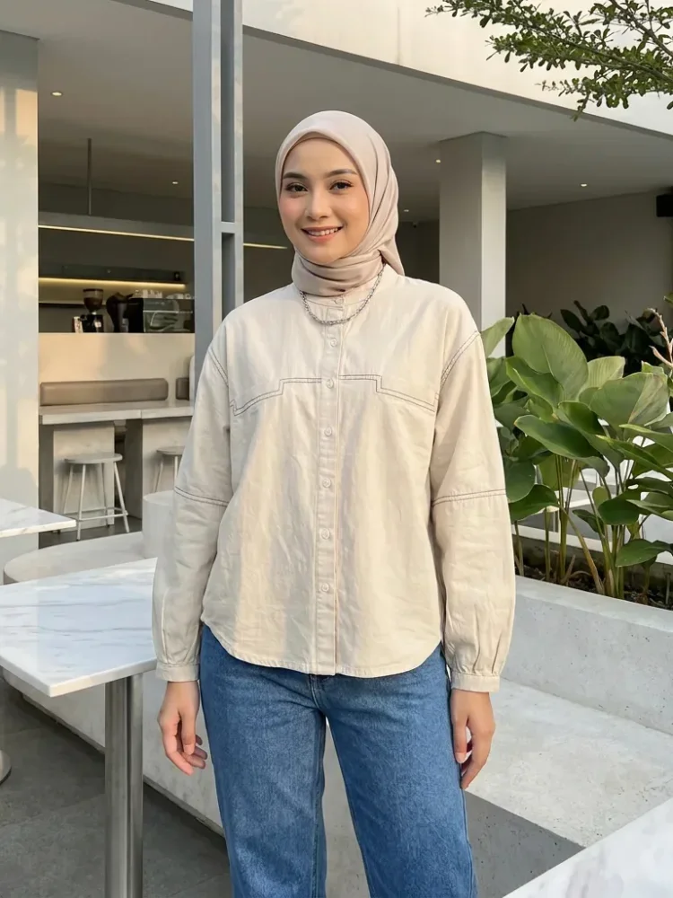 ASAYA Atasan kemeja kancing sebaris kerah bulat warna solid gaya kasual baru