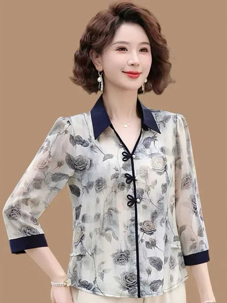 FADFAD Kemeja wanita retro lengan tiga perempat kerah v neck motif bunga