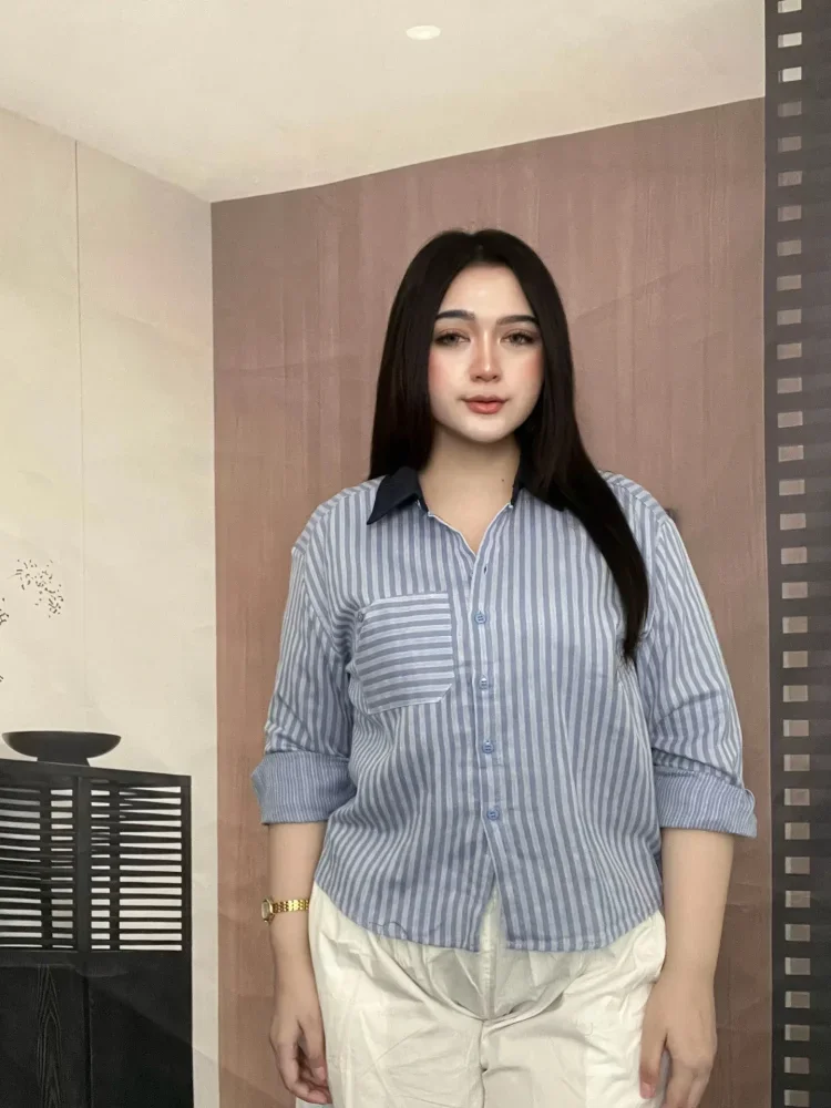 FADFAD Atasan kemeja garis garis lengan panjang gaya kasual dan kancing aktif