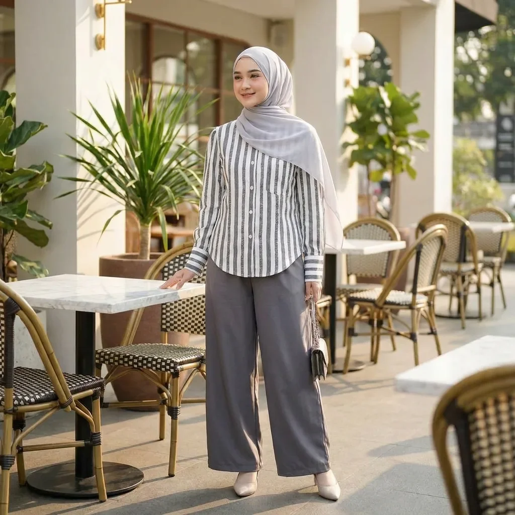 ASAYA Atasan pendek bermotif garis dengan kerah polo dan manset lengan, dipadukan dengan celana polos dalam satu set dua potong