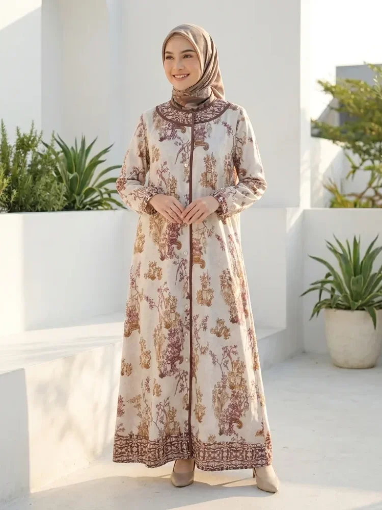 ASAYA Gaun panjang longgar kasual tipis bermotif dengan desain mode elegan