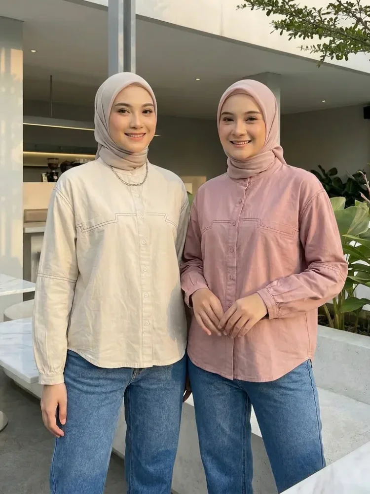 ASAYA Atasan kemeja kancing sebaris kerah bulat warna solid gaya kasual baru