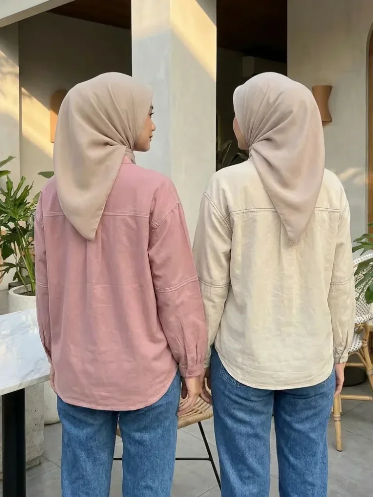 ASAYA Atasan kemeja kancing sebaris kerah bulat warna solid gaya kasual baru