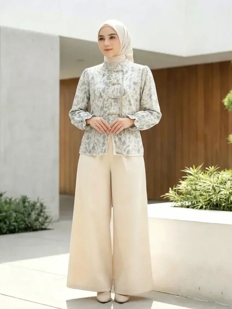ASAYA Setelan wanita dengan lengan bell dan resleting buatan tangan bergaya minimalis warna solid