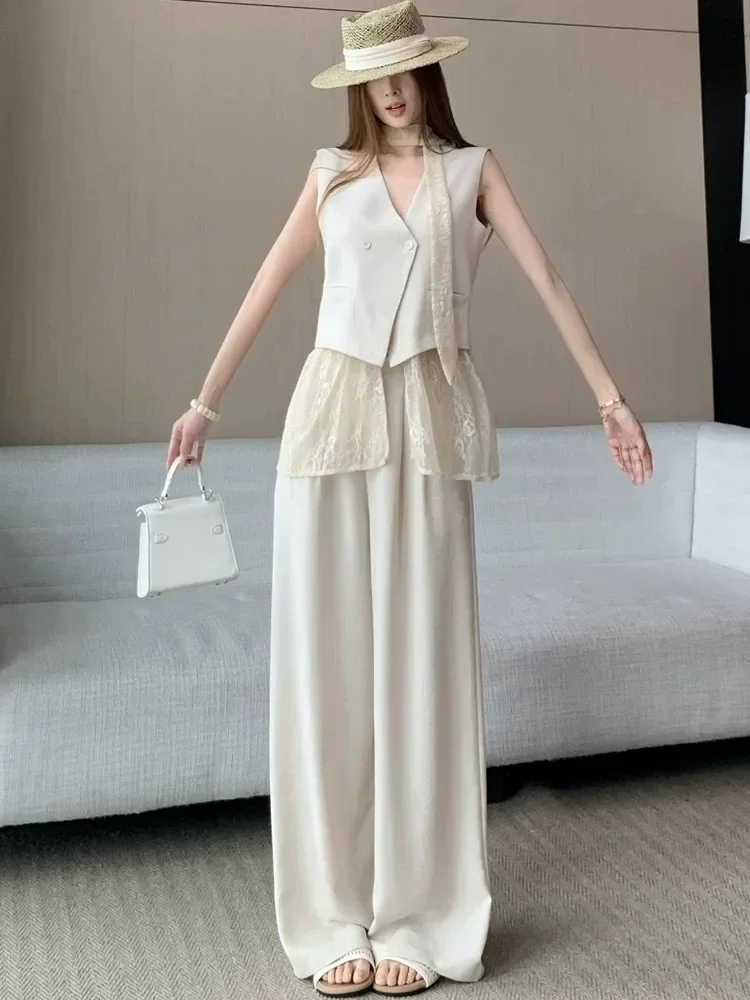 CHICMORE Setelan rompi elegan bergaya vintage atasan tanpa lengan dan celana panjang potongan lebar