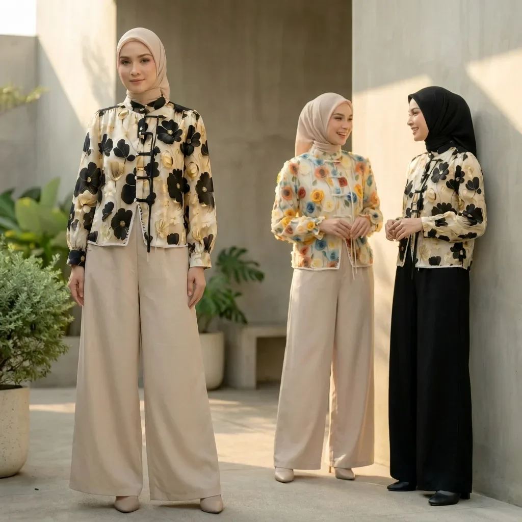 ASAYA Setelan wanita dengan lengan bell dan resleting buatan tangan bergaya minimalis warna solid