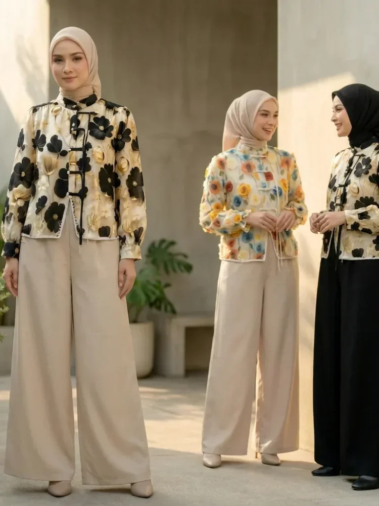 ASAYA Setelan wanita dengan lengan bell dan resleting buatan tangan bergaya minimalis warna solid