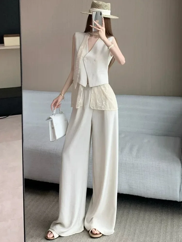 CHICMORE Setelan rompi elegan bergaya vintage atasan tanpa lengan dan celana panjang potongan lebar