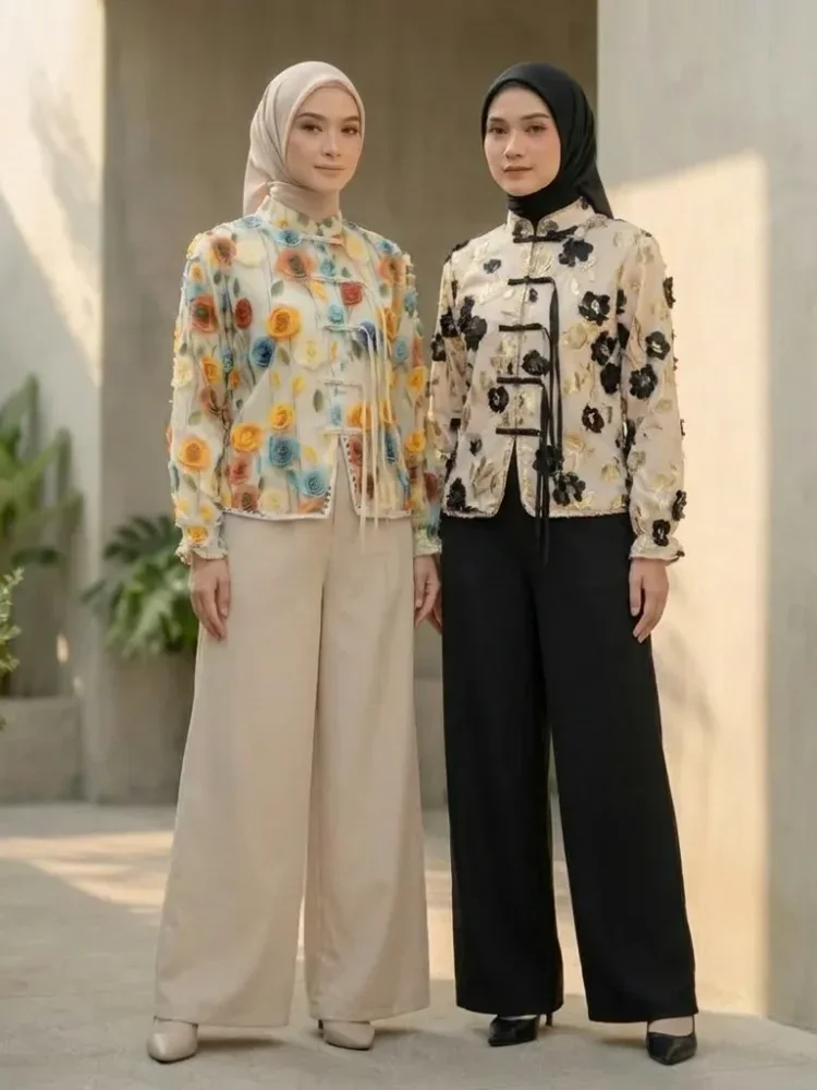 ASAYA Setelan wanita dengan lengan bell dan resleting buatan tangan bergaya minimalis warna solid