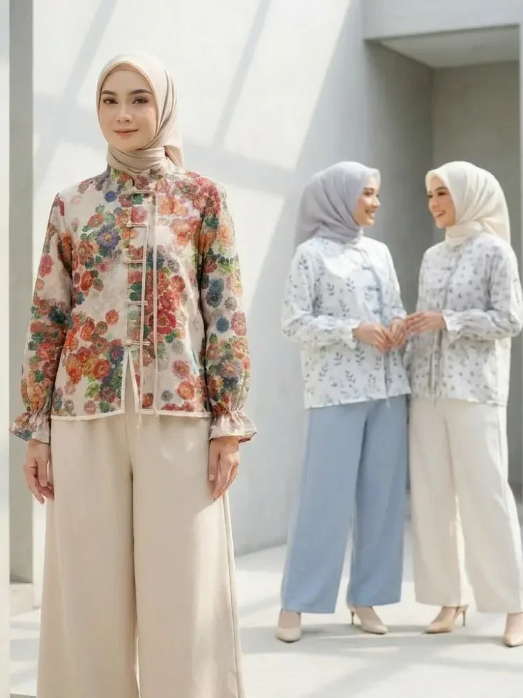 ASAYA Setelan wanita dengan lengan bell dan resleting buatan tangan bergaya minimalis warna solid