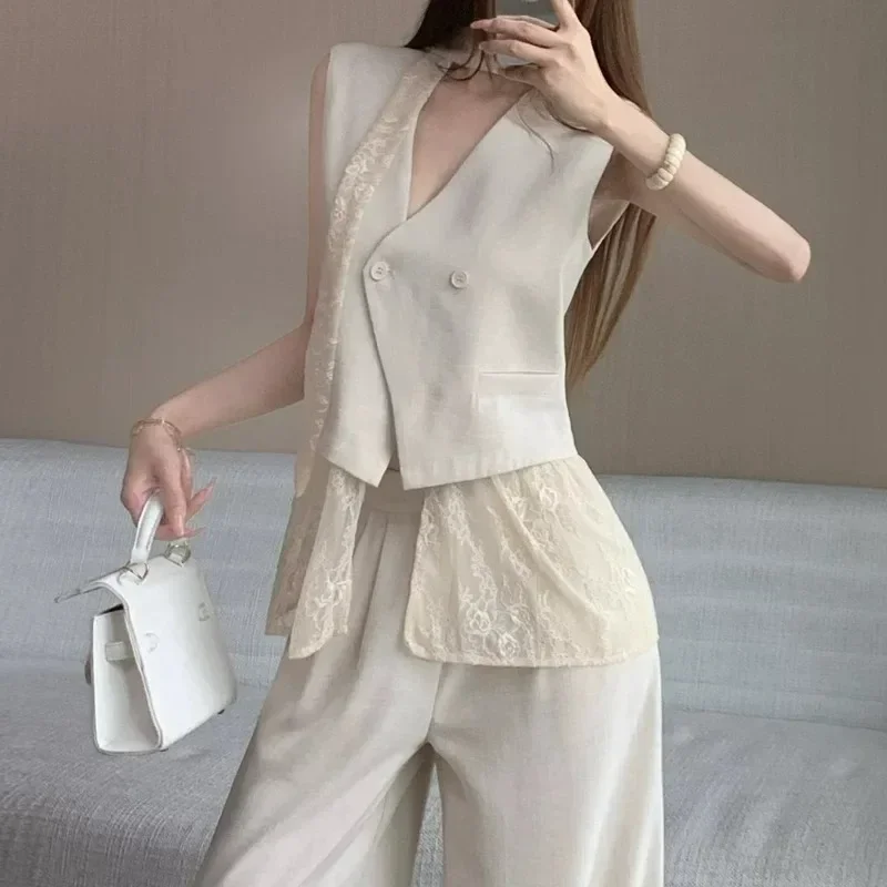 CHICMORE Setelan rompi elegan bergaya vintage atasan tanpa lengan dan celana panjang potongan lebar