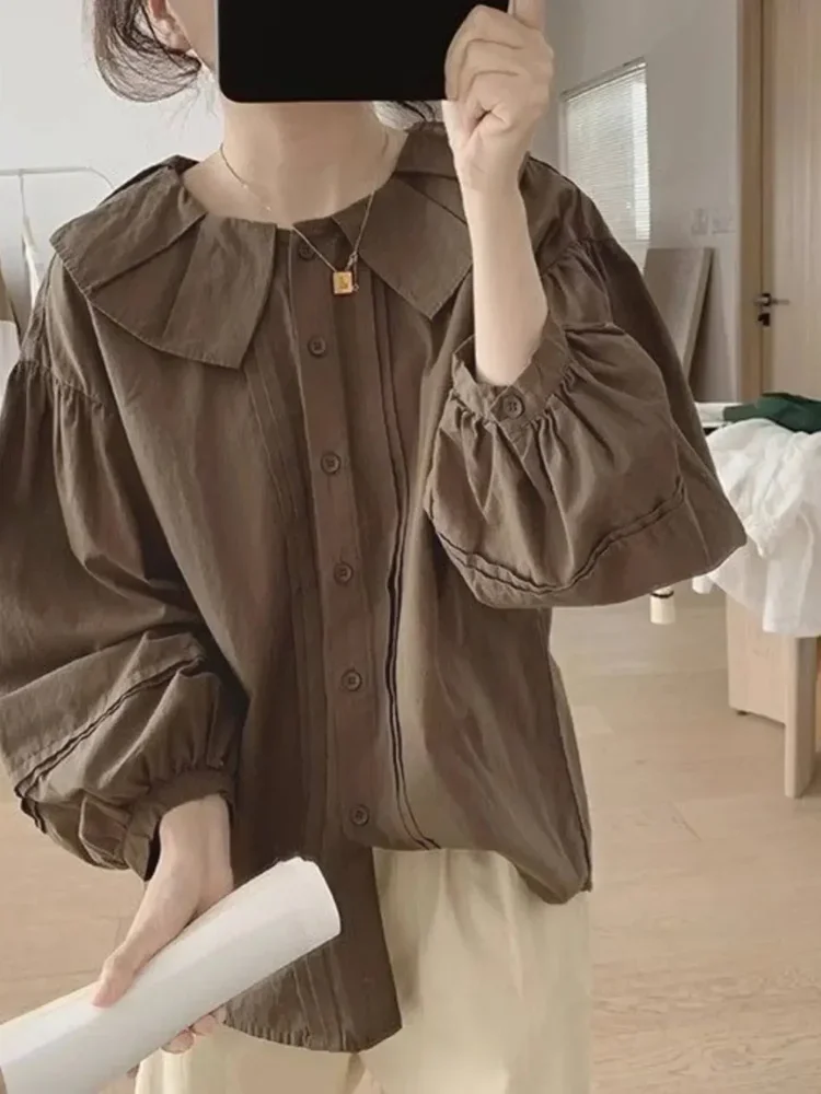 ASAYA Atasan kemeja kerah boneka mode lipit gaya korea