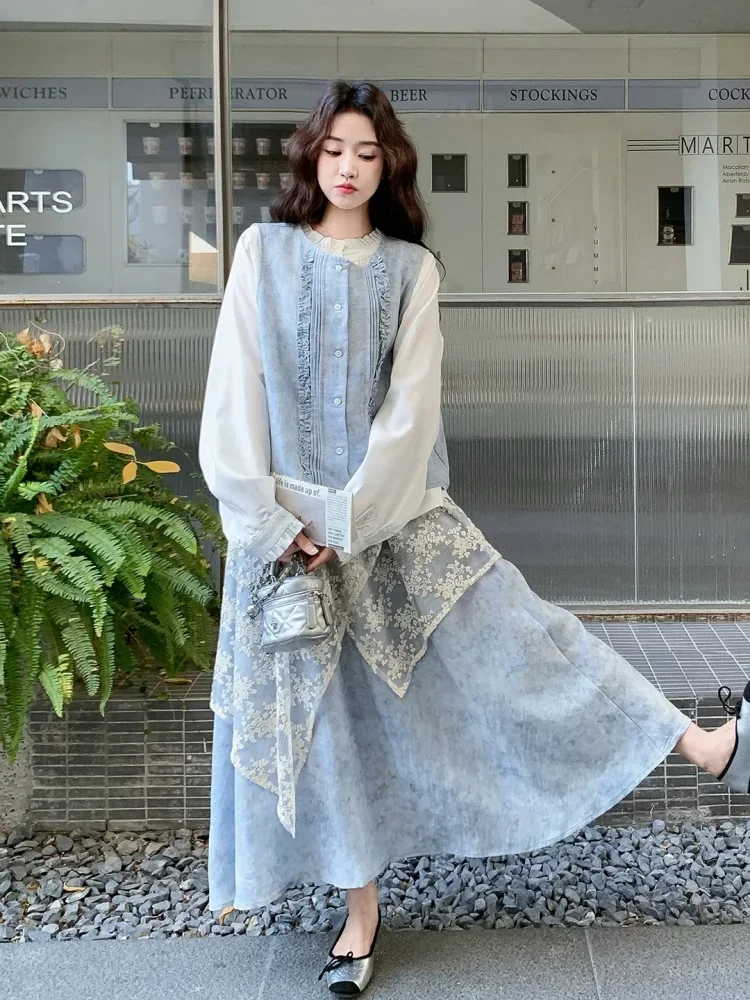 CHICMORE Setelan dua potong warna biru terbaru, atasan leher bulat dengan hiasan rumbai.