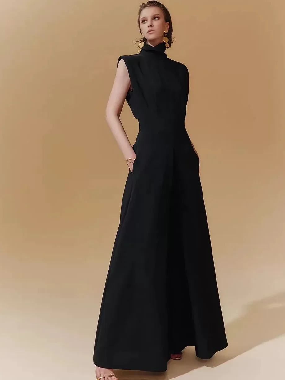 FADFAD Jumpsuit mewah warna solid tanpa lengan dan model celana kaki lebar